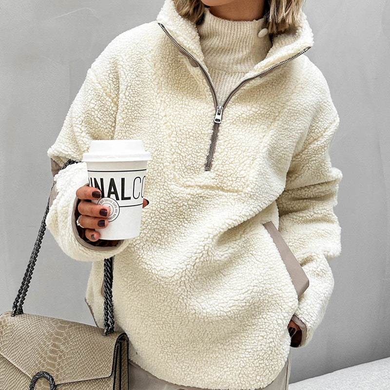 Maglione in pile morbido da donna con colletto risvoltato – Vestibilità ampia e calore confortevole