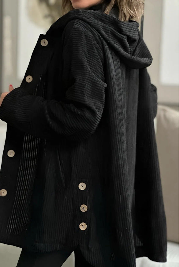 Elegante giacca con cappuccio in velluto a coste da donna – Maglione casual abbottonato di media lunghezza