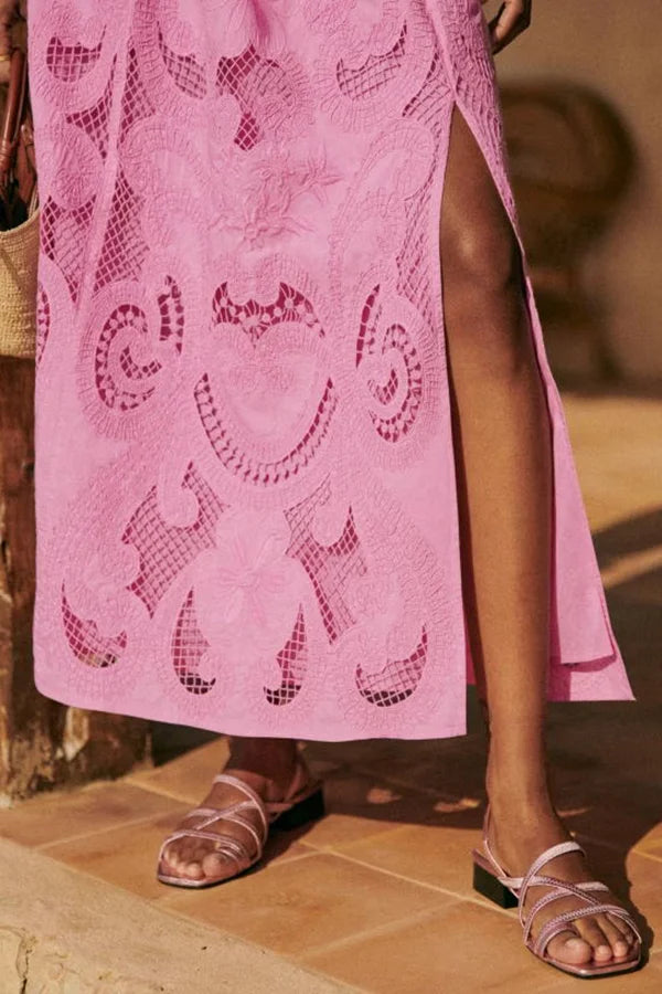 Elegante completo da donna Santorini ricamato in due pezzi - Top corto senza maniche e gonna lunga fluida - Completo estivo casual leggero da spiaggia