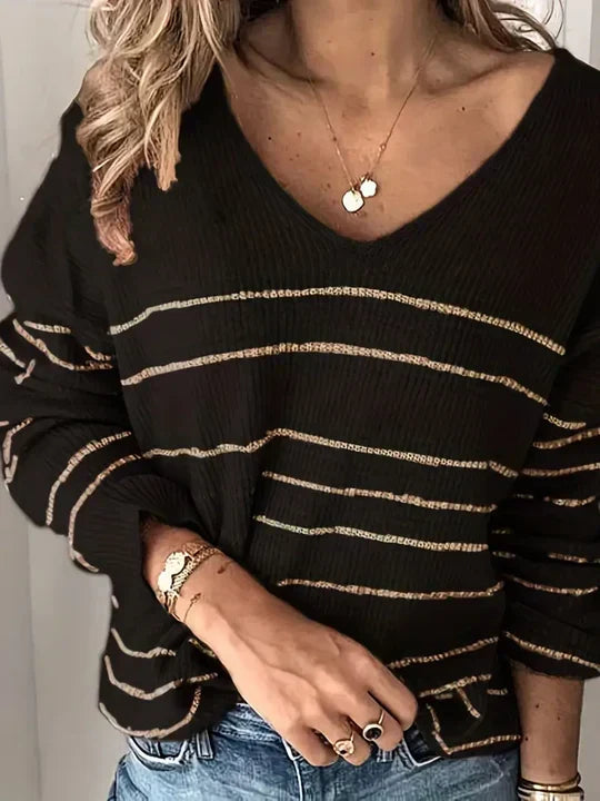 Stribet sweater til kvinder med V-udskæring - Trendy og blød