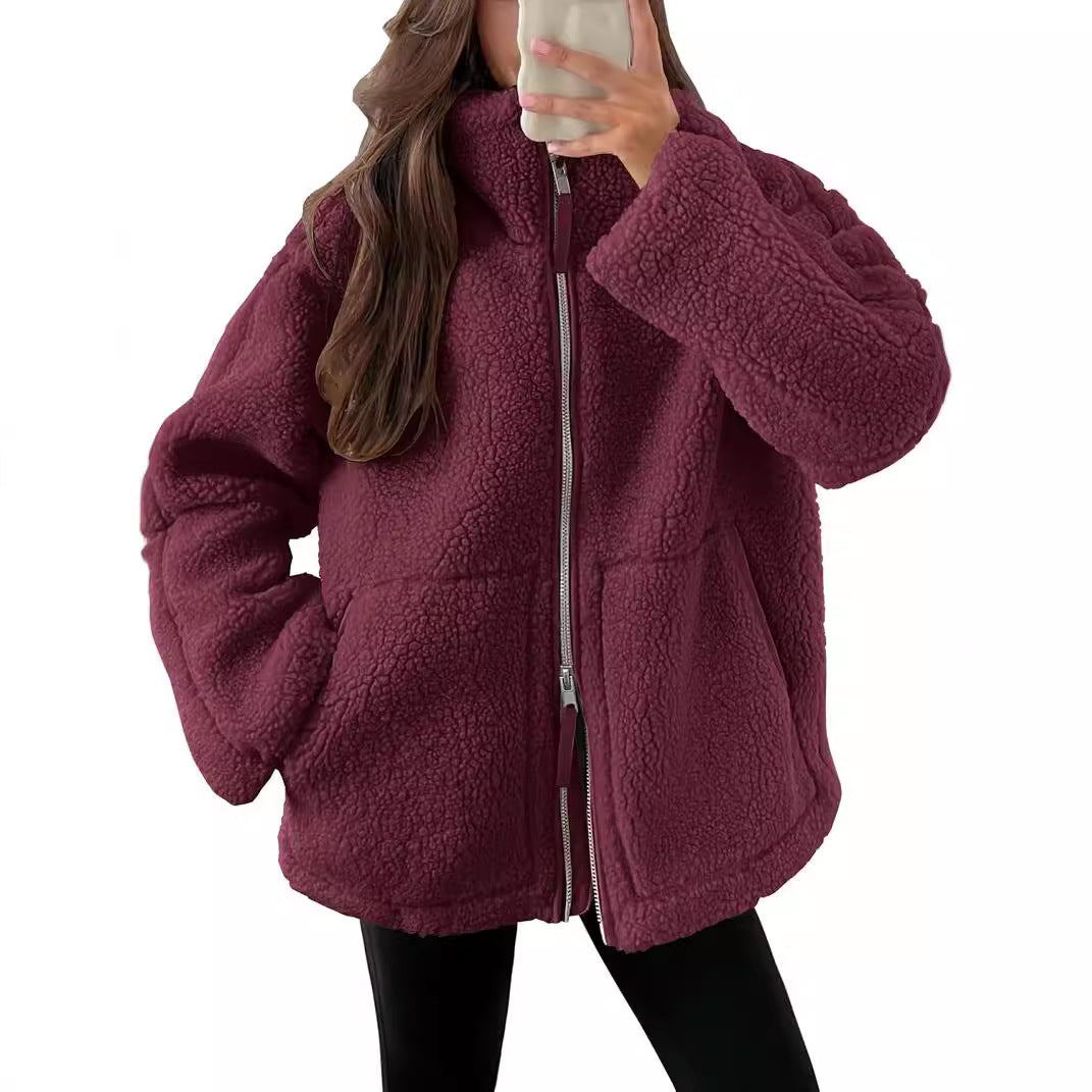 Giacca in pile da donna con colletto a punta – Capospalla casual semplice con tasche