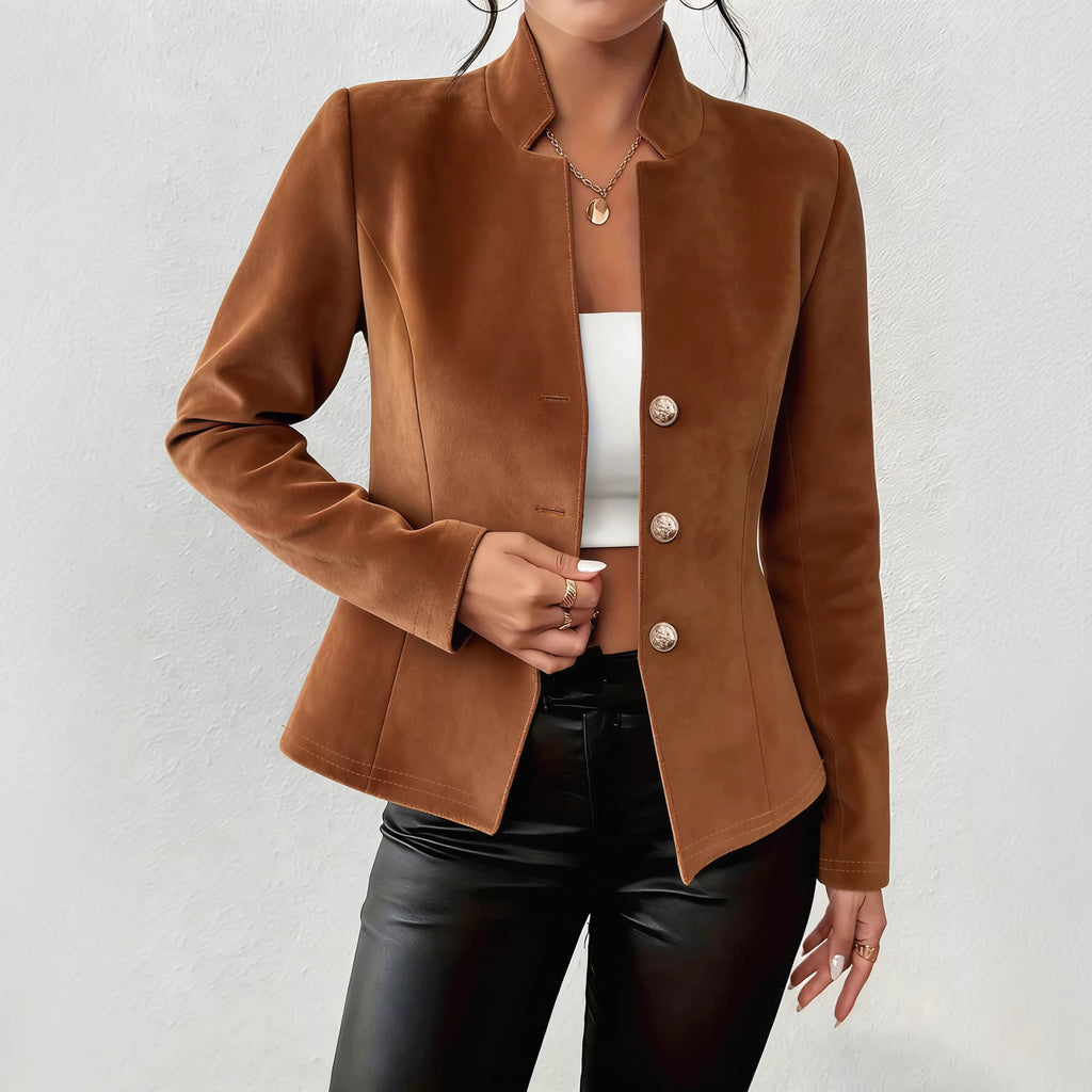 Blazer donna effetto suede con scollo a V e tre bottoni