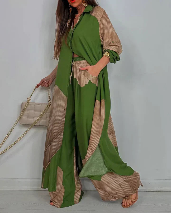 Completo due pezzi donna – Camicia con colletto e bottoni e pantaloni a gamba larga a vita alta coordinati