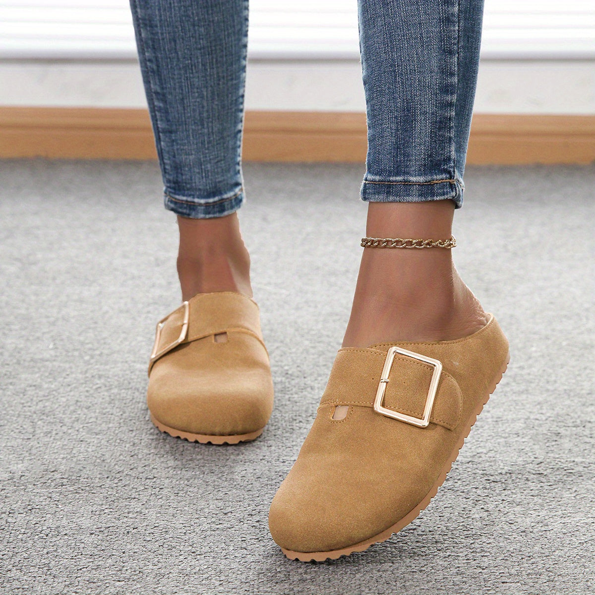 Women's slip-on mules - Comfortable fabric upper with metal buckle strap, soft PU insole, and durable PVC sole - Casual shoes for all seasons, easy to clean, stylish | Guaranteed comfort