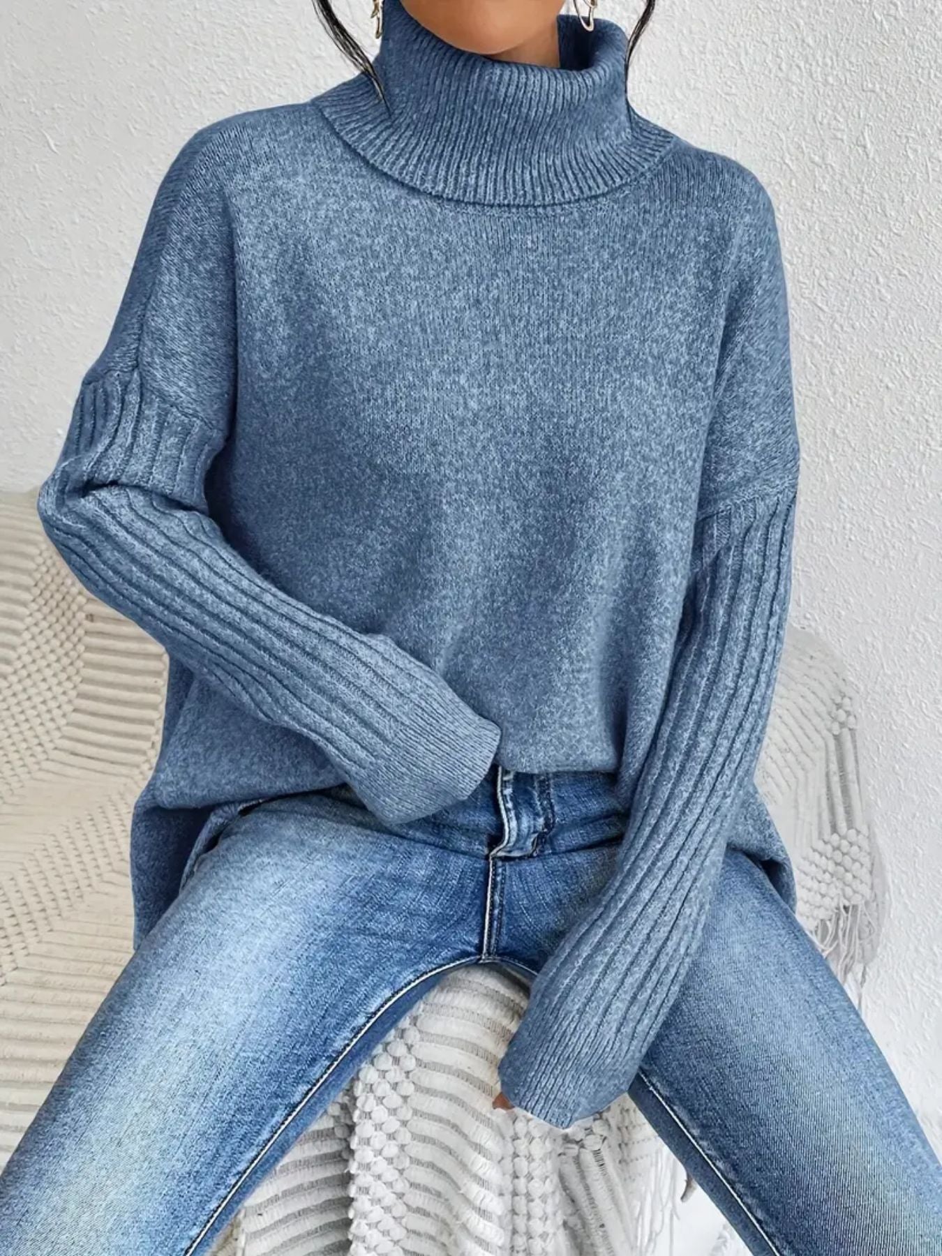 Maglione dolcevita irregolare da donna – Pullover a maniche lunghe in maglia larga