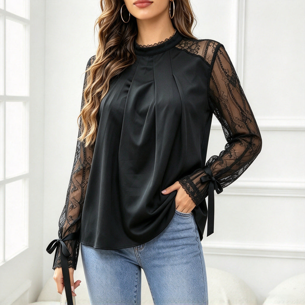 Blouse femme plissée en dentelle à col montant - Élégante et raffinée