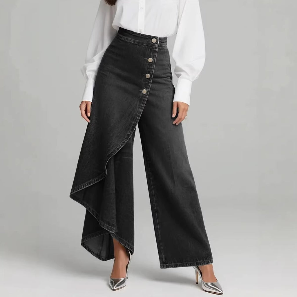 Pantaloni in finto denim a gamba dritta da donna – Pantaloni alla moda con bottoni arricciati