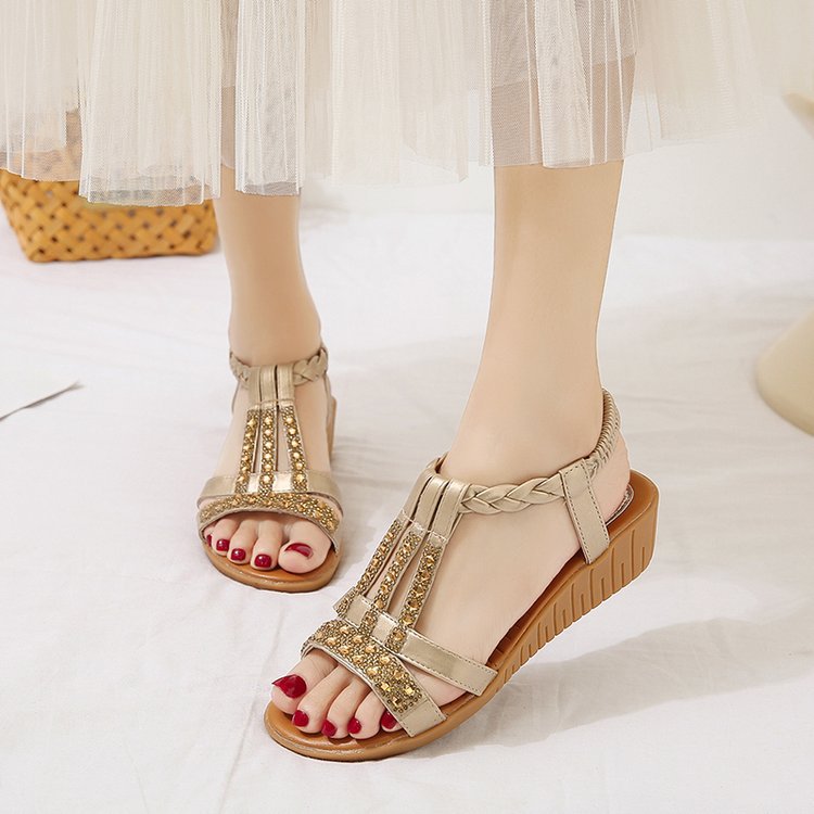 Eleganti sandali boho con zeppa da donna con strass - aperti e comodi per l'estate
