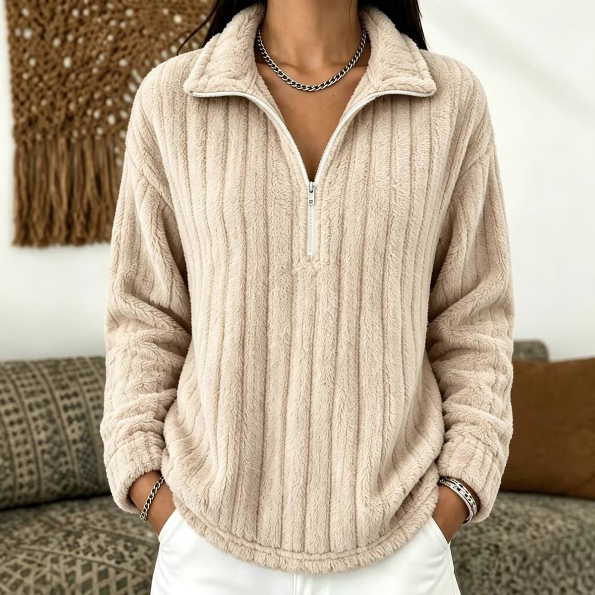 Maglione donna a coste con collo zip - Caldo e confortevole