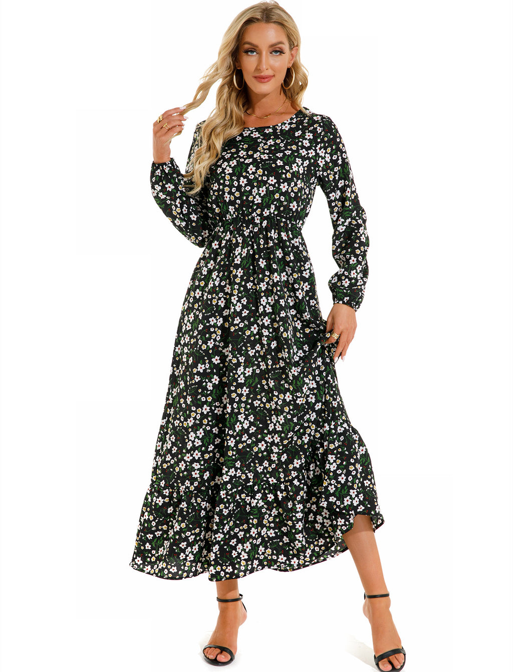 Abito versatile in chiffon floreale da donna - Elegante stile scollo rotondo