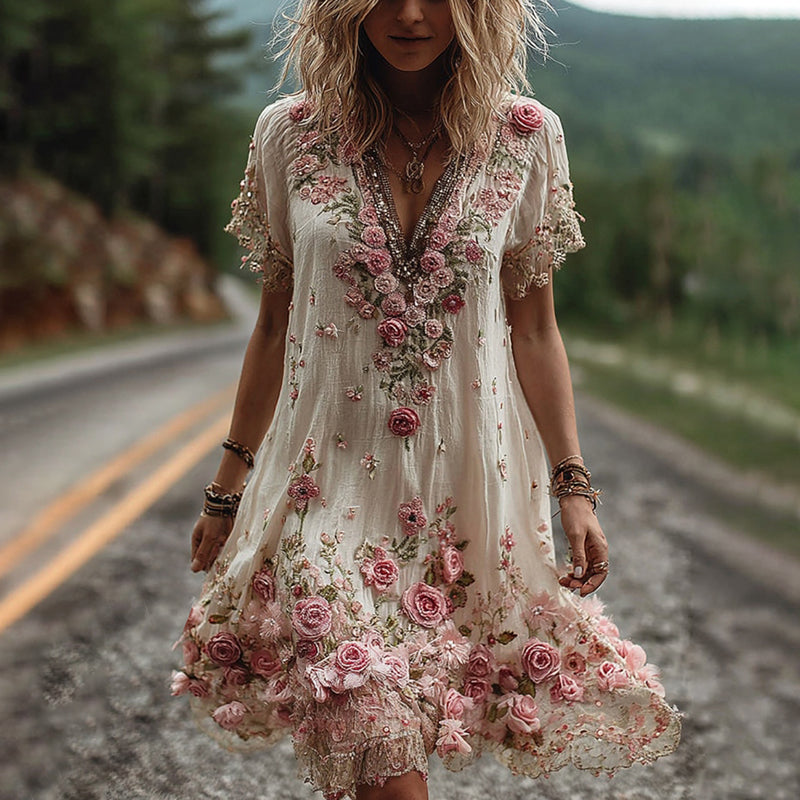 Abito Ricamato Floreale con Scollo a V – Eleganza Romantica e Stile Raffinato