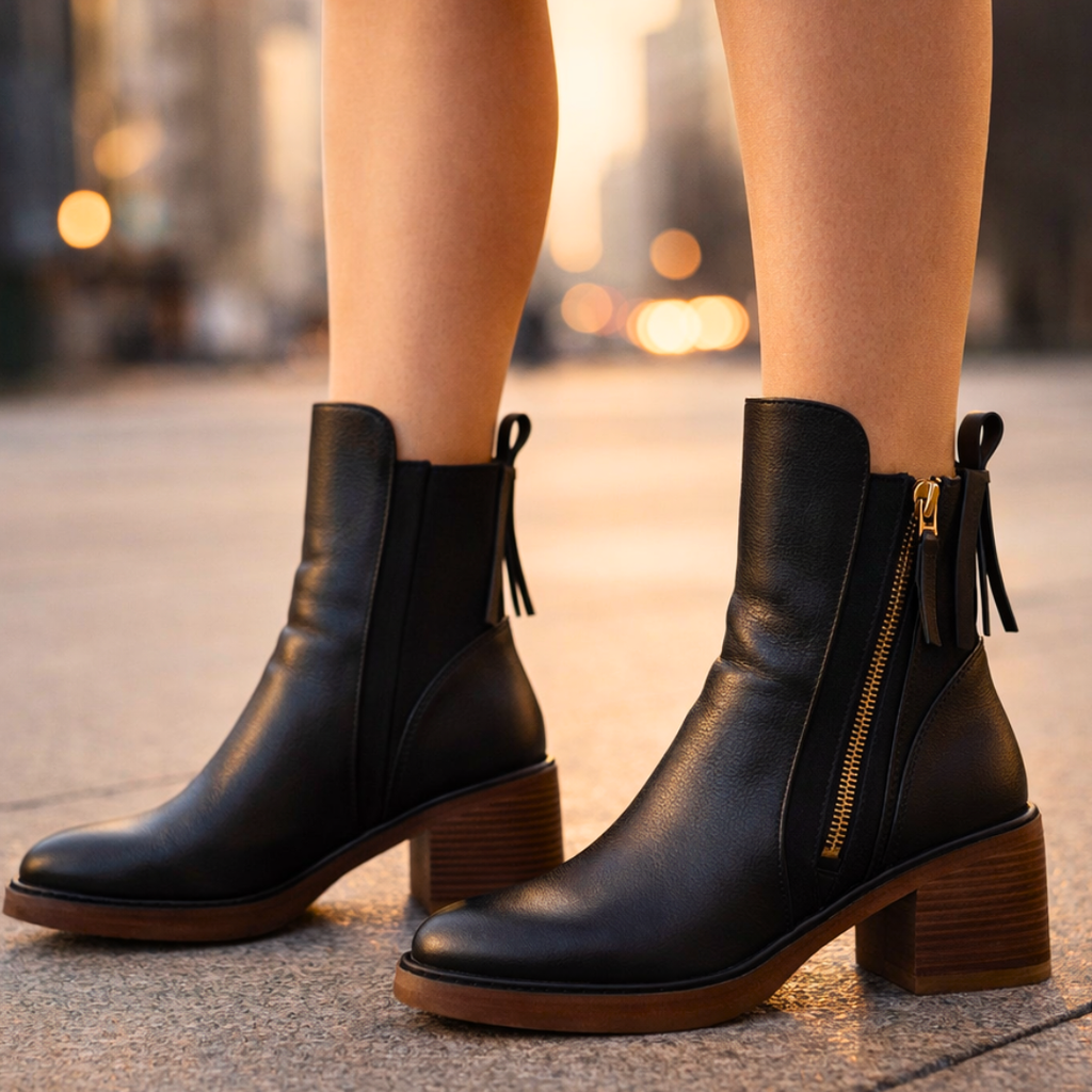 Stivaletti donna in pelle con tacco – Stivali alla caviglia eleganti con soletta imbottita e zip metallica