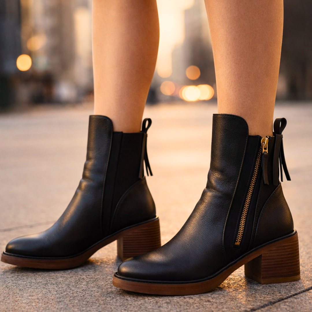 Stivaletti donna in pelle con tacco – Stivali alla caviglia eleganti con soletta imbottita e zip metallica