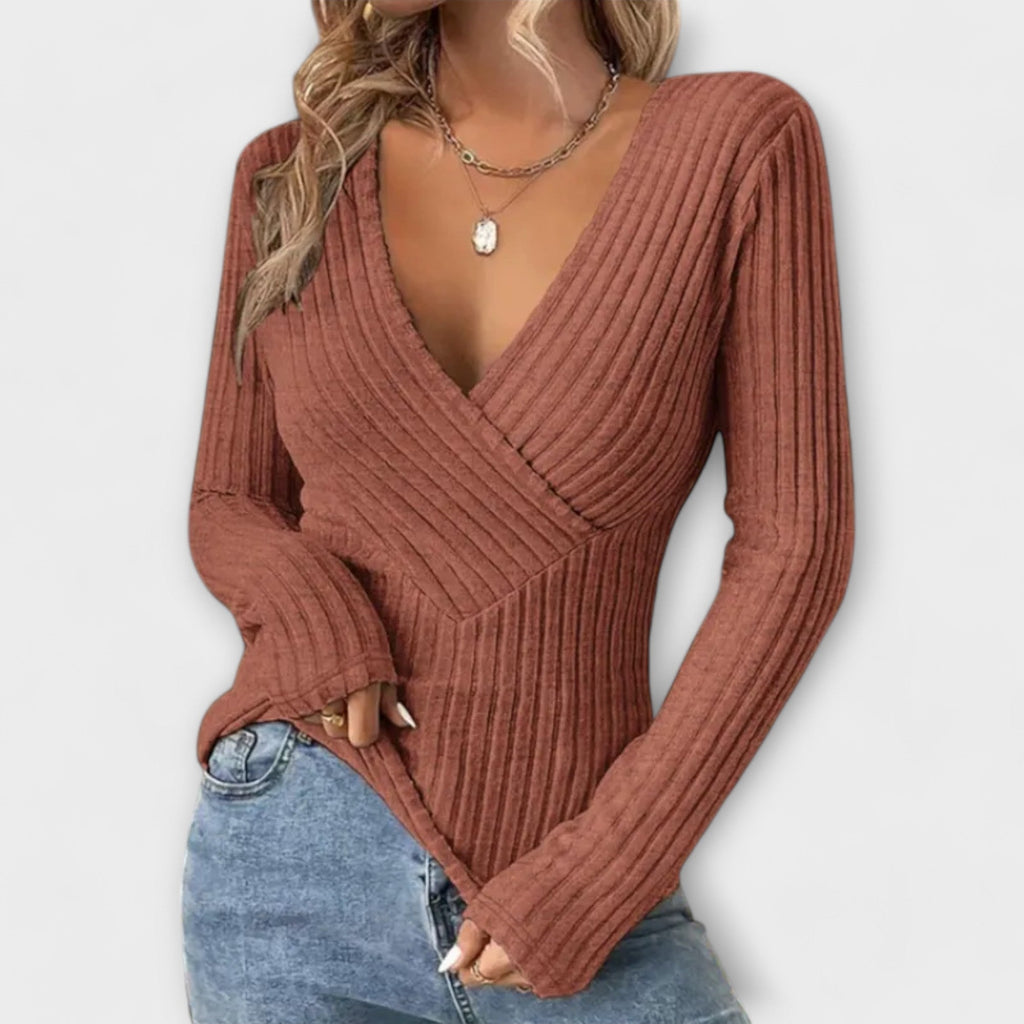 Maglione da donna con scollo a V intrecciato – Maglia a coste a maniche lunghe
