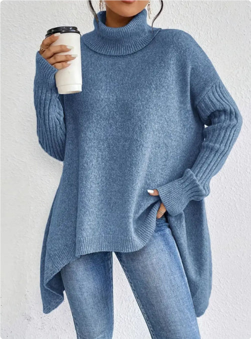 Maglione dolcevita irregolare da donna – Pullover a maniche lunghe in maglia larga