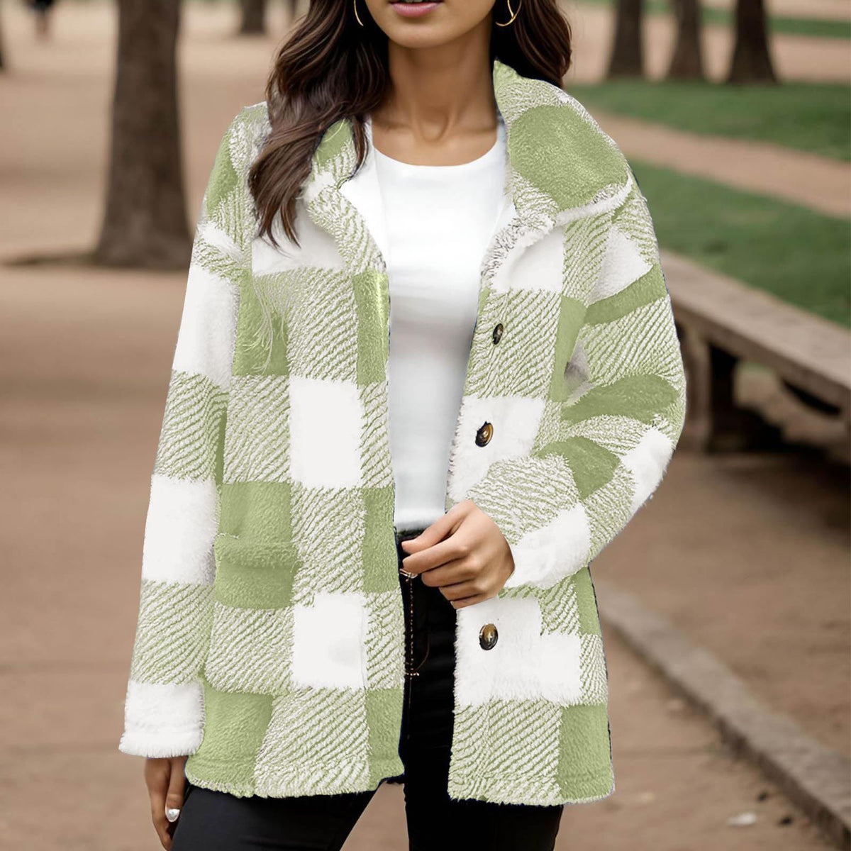 Manteau peluche à carreaux pour femme - Chaud et pratique