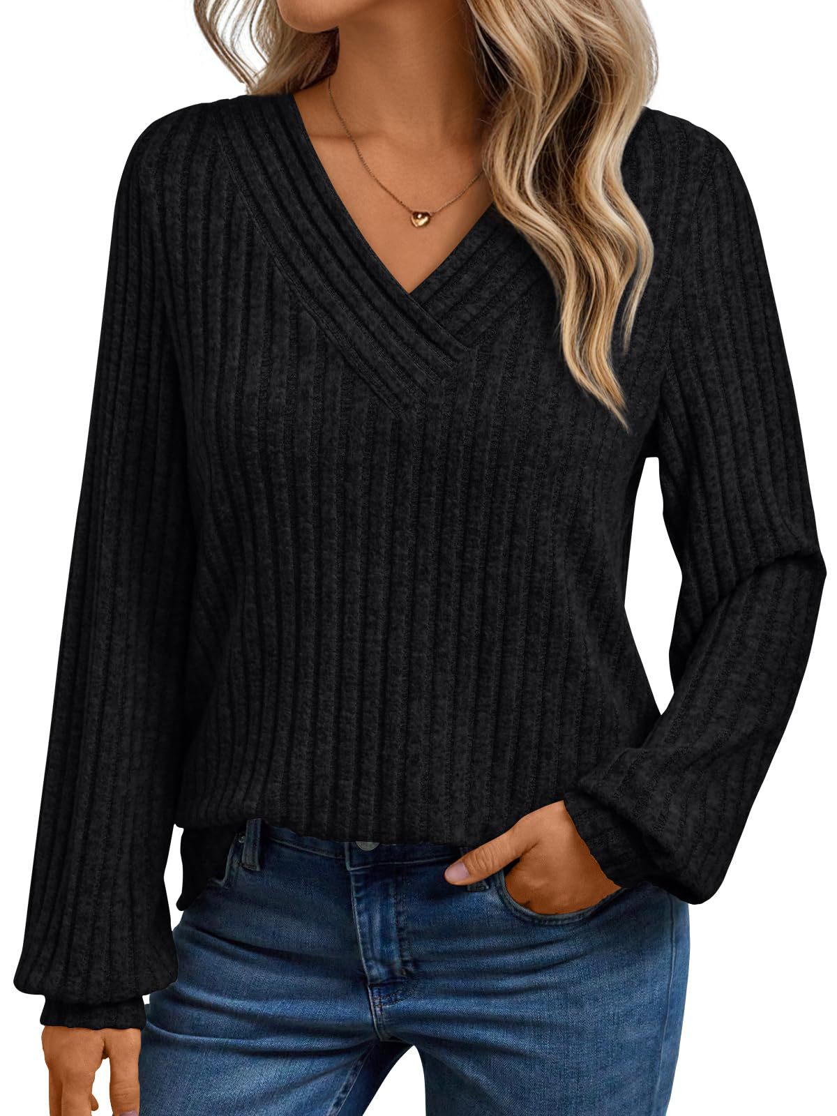 Pull femme côtelé à col en V - Doux et décontracté