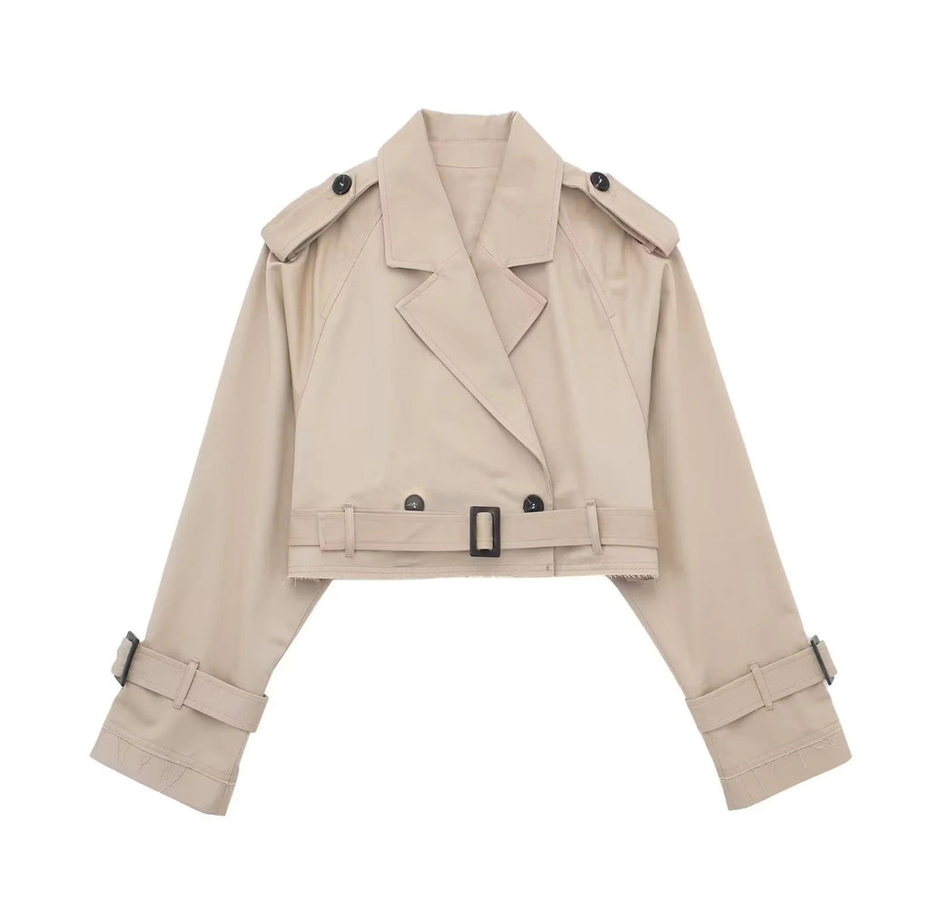 Trench corto da donna - stile doppiopetto corto con cintura