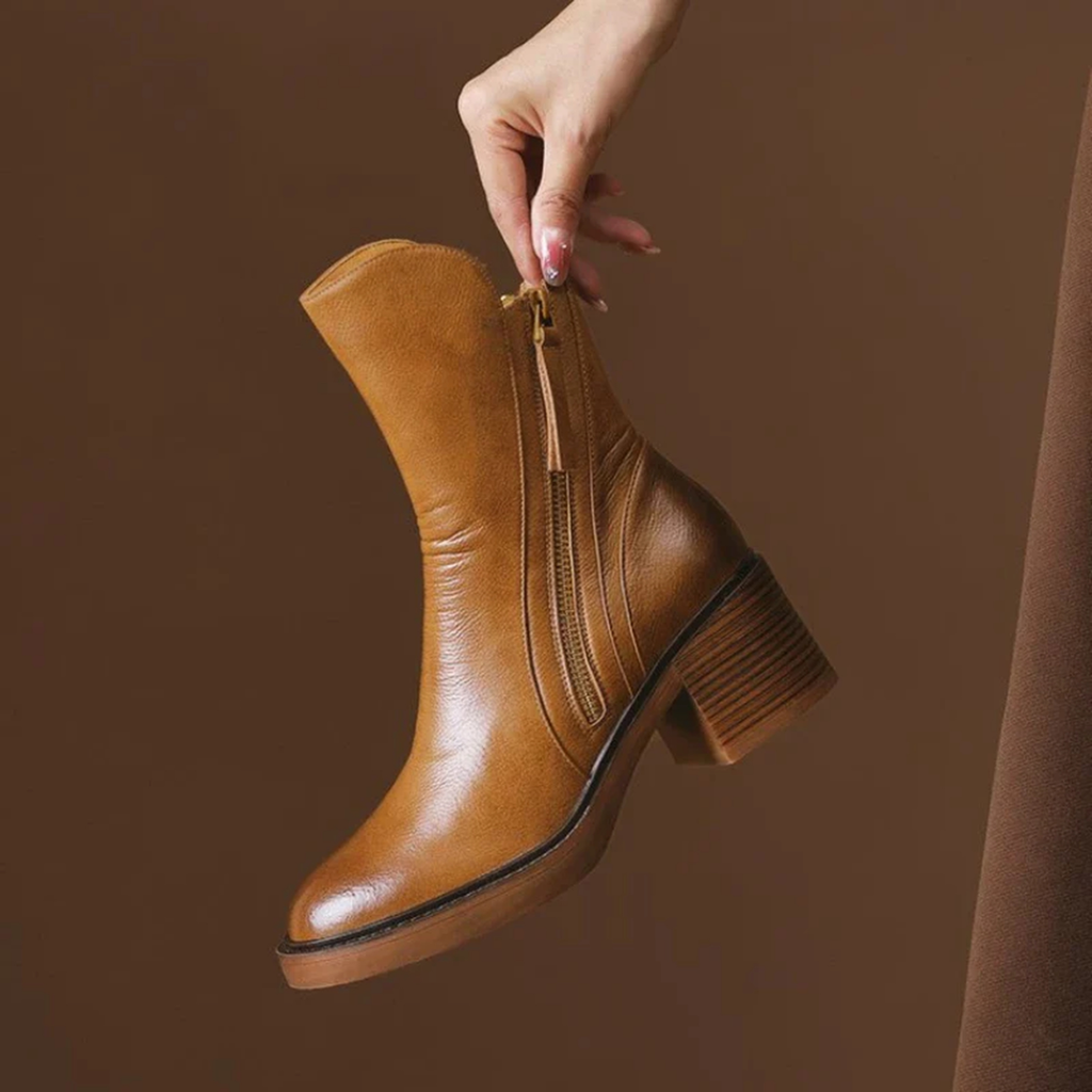Stivaletti donna in pelle con tacco – Stivali alla caviglia eleganti con soletta imbottita e zip metallica