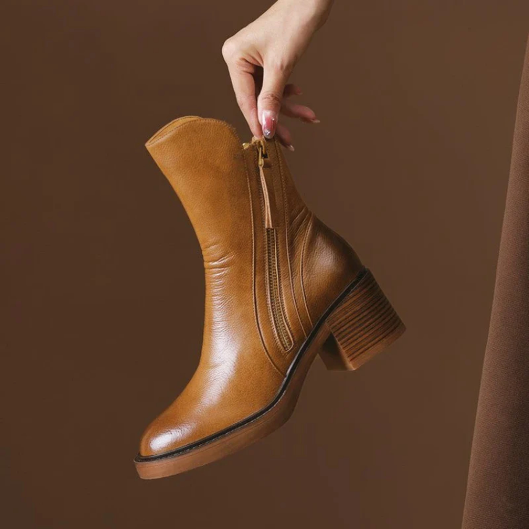 Stivaletti donna in pelle con tacco – Stivali alla caviglia eleganti con soletta imbottita e zip metallica
