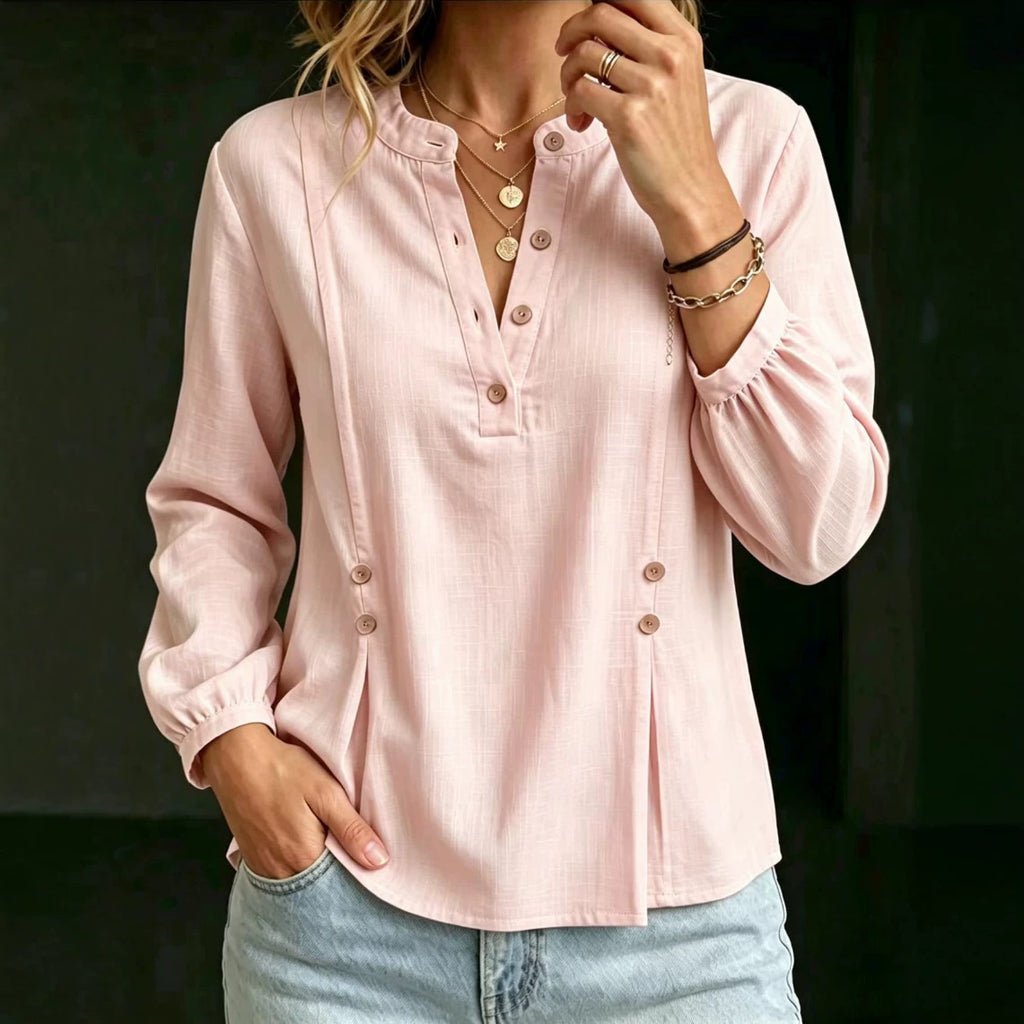 Camicia da donna in cotone e lino con collo alla mandarina – Modello casual estivo a maniche lunghe