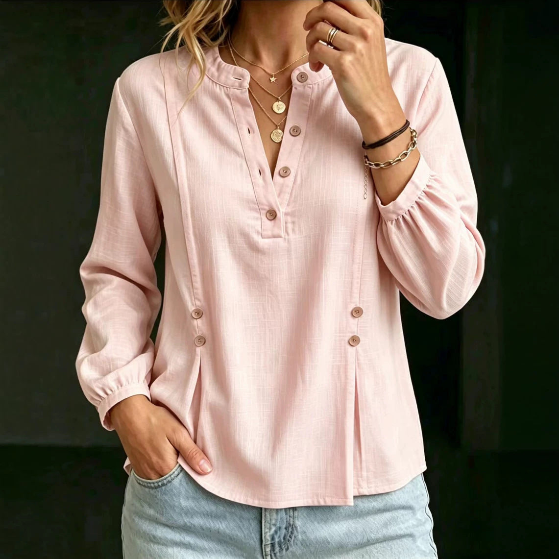 Camicia da donna in cotone e lino con collo alla mandarina – Modello casual estivo a maniche lunghe