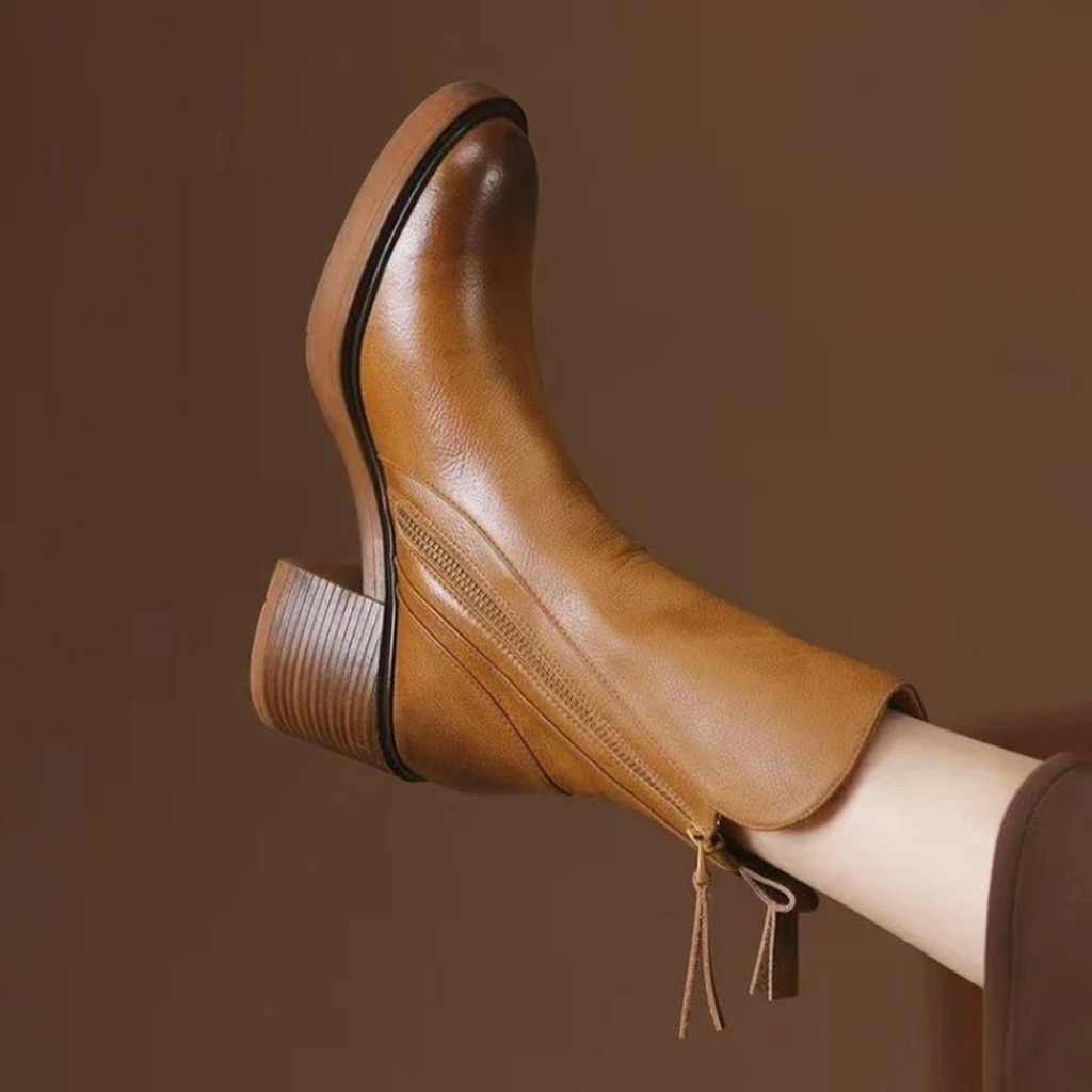 Stivaletti donna in pelle con tacco – Stivali alla caviglia eleganti con soletta imbottita e zip metallica