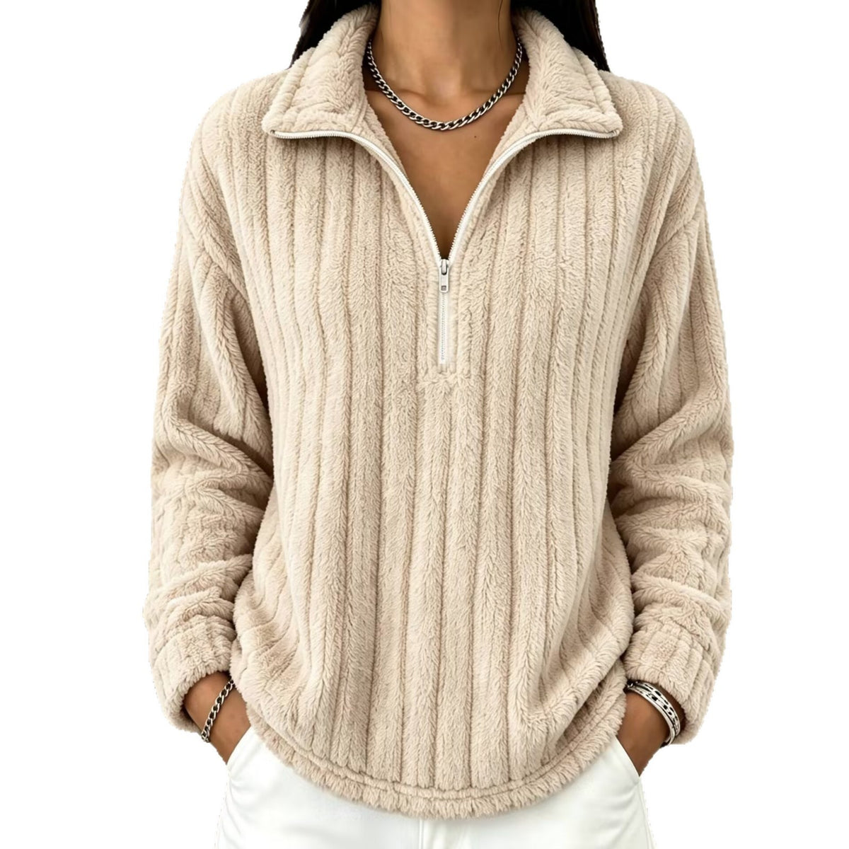 Maglione donna a coste con collo zip - Caldo e confortevole
