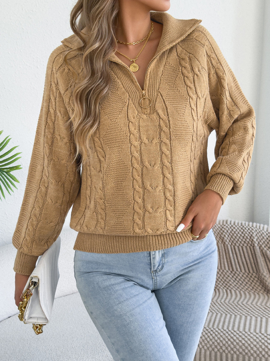 Pull femme torsadé à fermeture éclair - Chaud et pratique