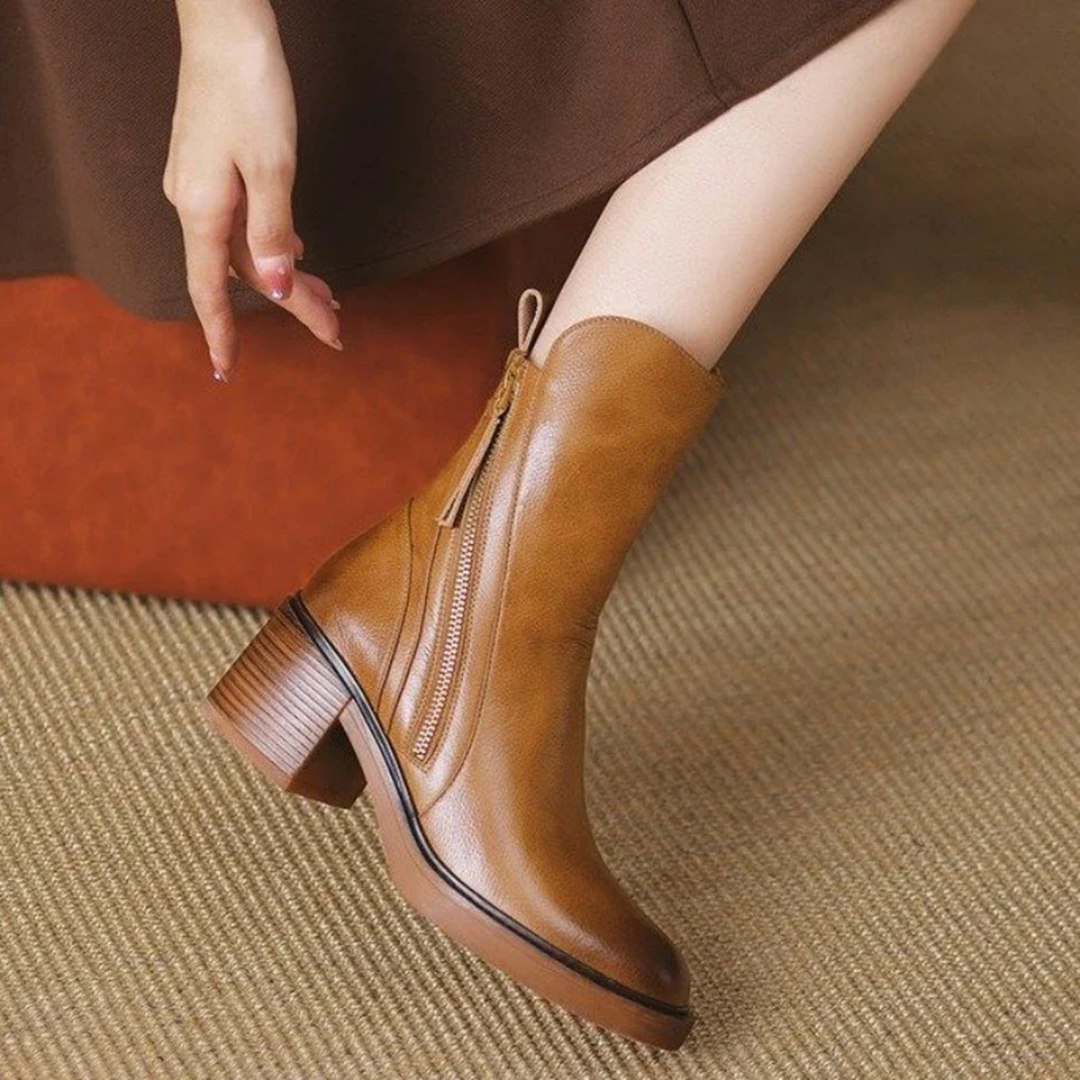 Stivaletti donna in pelle con tacco – Stivali alla caviglia eleganti con soletta imbottita e zip metallica