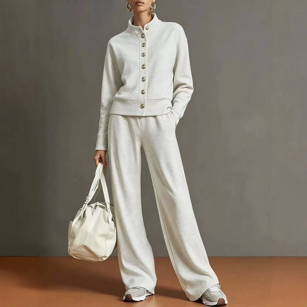 Ensemble cardigan à col montant et pantalon ample - Chic et confortable