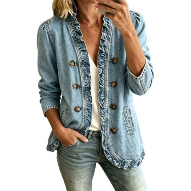 Veste en jean femme avec volant et boutons - Décontractée et originale