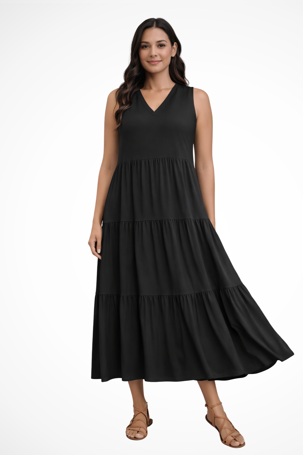 Abito lungo da donna senza maniche a balze – Stile estivo casual, leggero e svolazzante