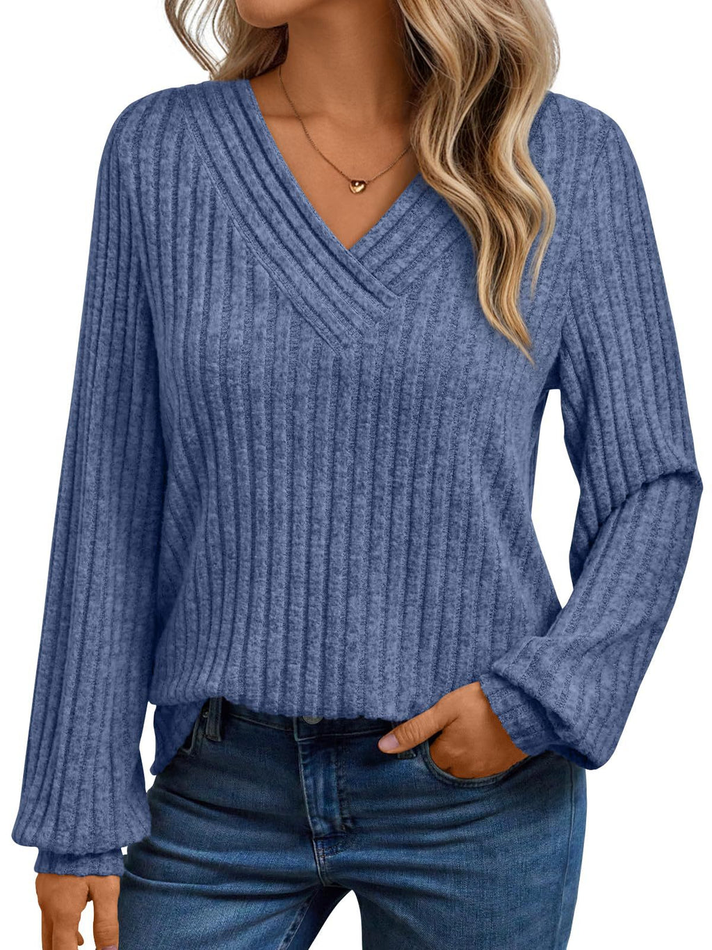 Pull femme côtelé à col en V - Doux et décontracté