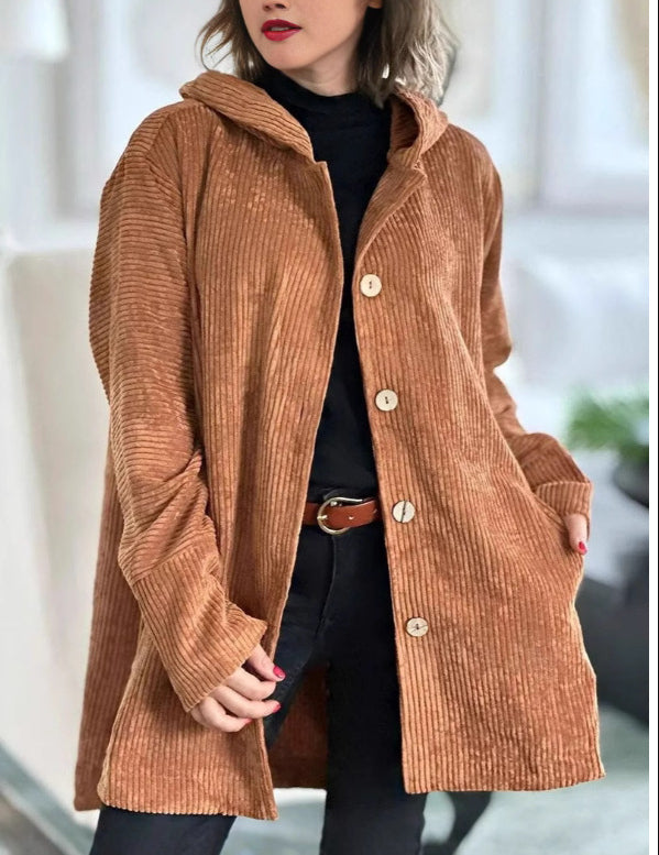 Elegante giacca con cappuccio in velluto a coste da donna – Maglione casual abbottonato di media lunghezza