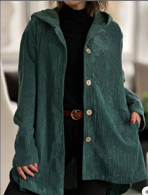 Elegante giacca con cappuccio in velluto a coste da donna – Maglione casual abbottonato di media lunghezza