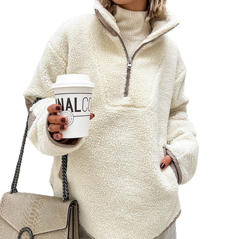 Maglione in pile morbido da donna con colletto risvoltato – Vestibilità ampia e calore confortevole
