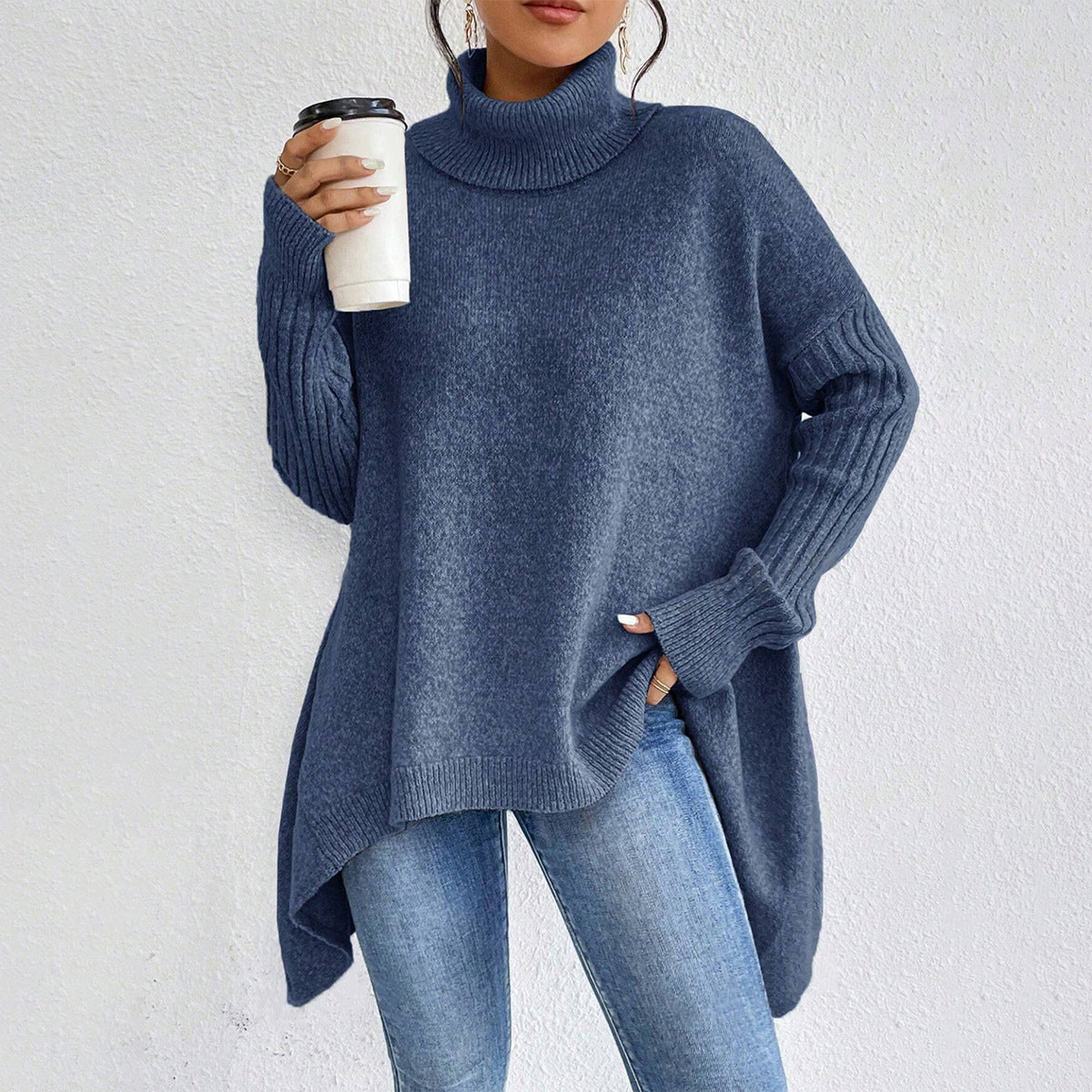 Maglione dolcevita irregolare da donna – Pullover a maniche lunghe in maglia larga