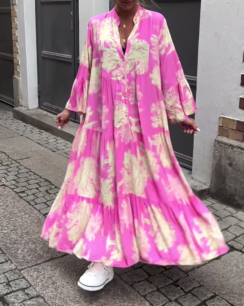 Elegante abito lungo stampato da donna – vestibilità ampia con maniche arricciate