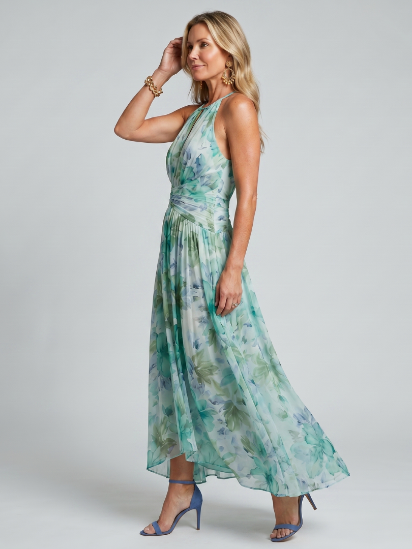 Abito midi floreale plissettato da donna con collo halter - Raffinato e leggero