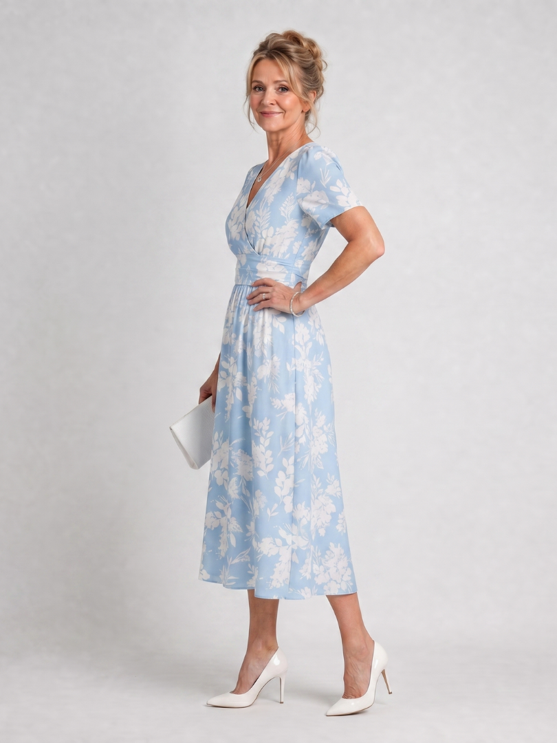 Abito midi floreale da donna con scollo a V e maniche corte - Fluido ed estivo