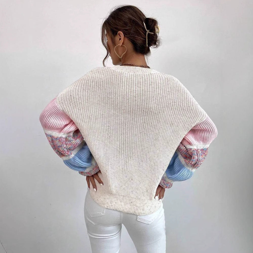 Multicolor women's sweater – Oversized fit with cream and pink puff sleeves