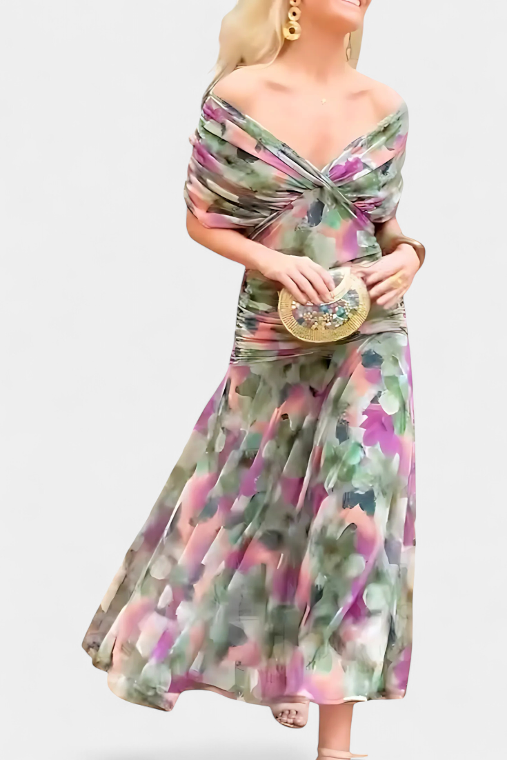 Elegante abito lungo da donna con scollo a V e stampa floreale – Abito estivo lungo e fluido