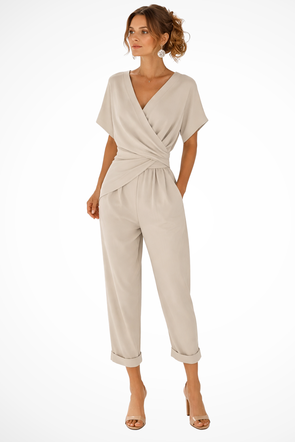 Tuta corta da donna con scollo a portafoglio - maniche corte e tasche, stile casual estivo