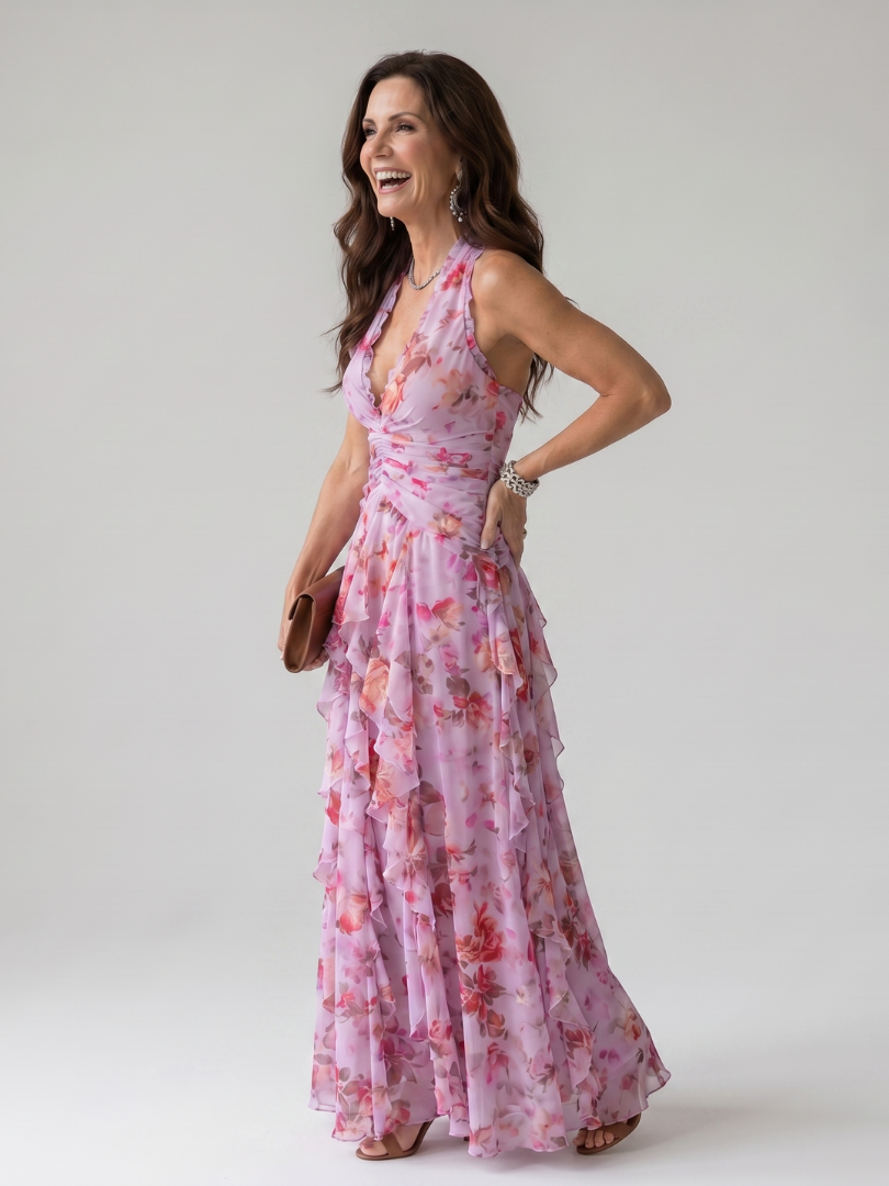 Abito maxi floreale da donna con collo halter e corpetto arricciato - Raffinato ed estivo