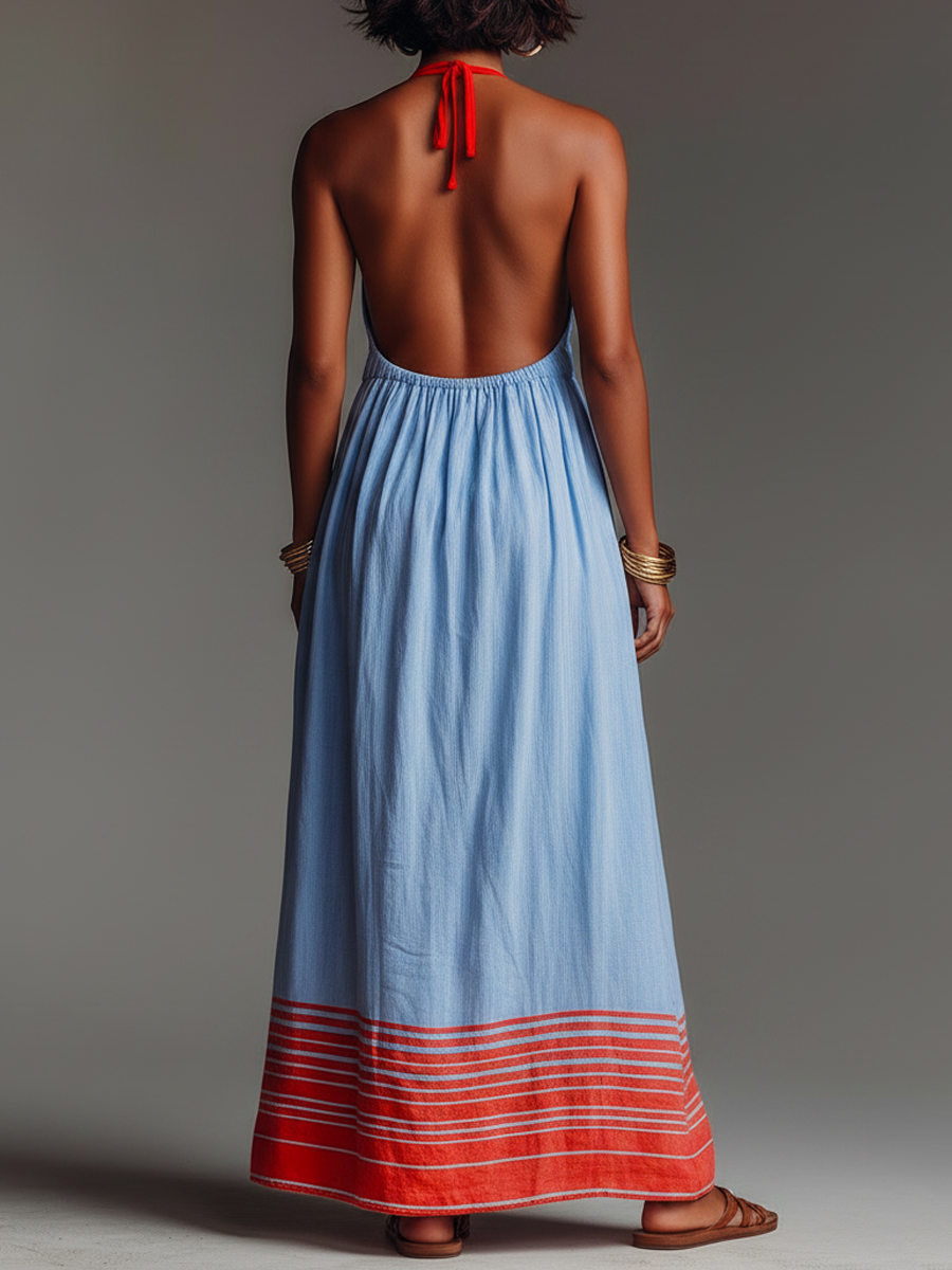Abito maxi da donna halter a righe con tasche - Leggero ed elegante