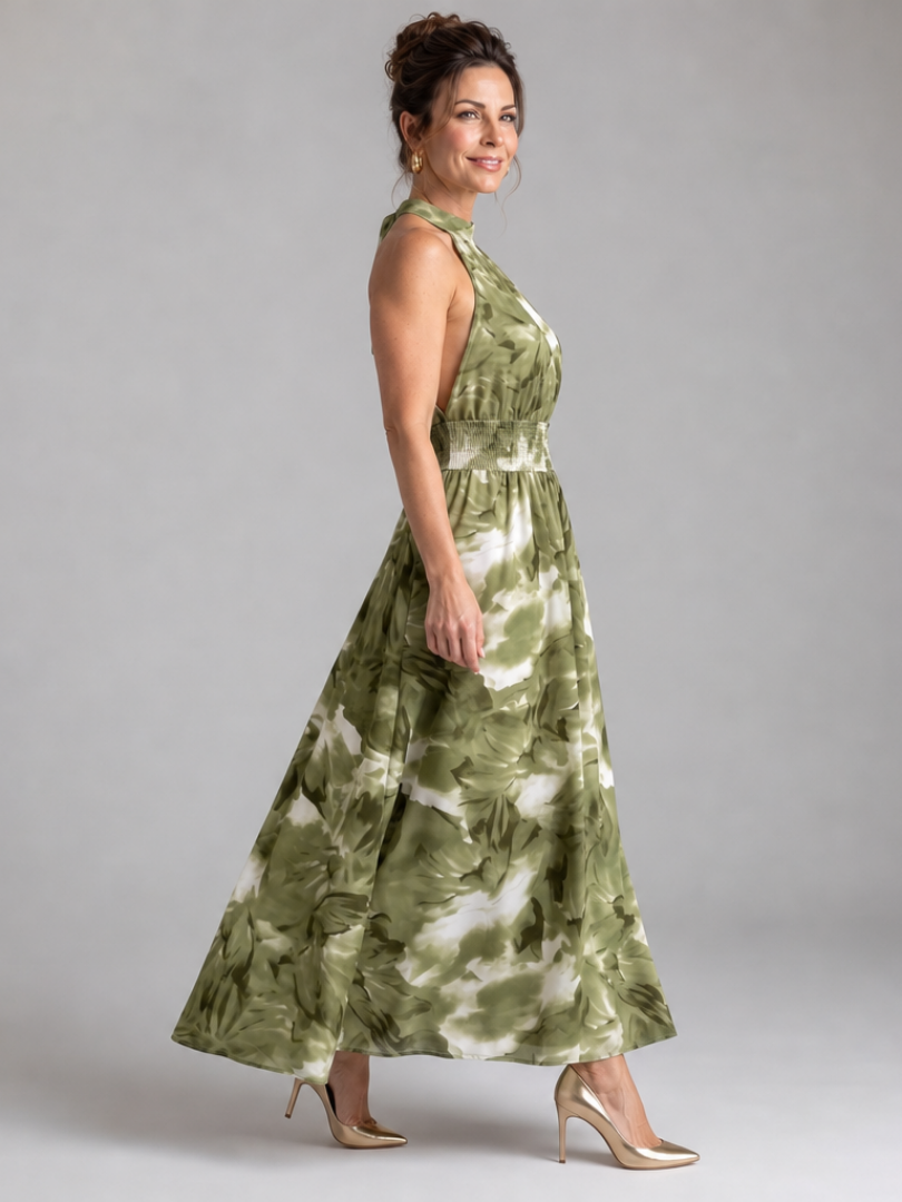 Abito midi da donna con stampa astratta e vita arricciata - Fluido ed elegante