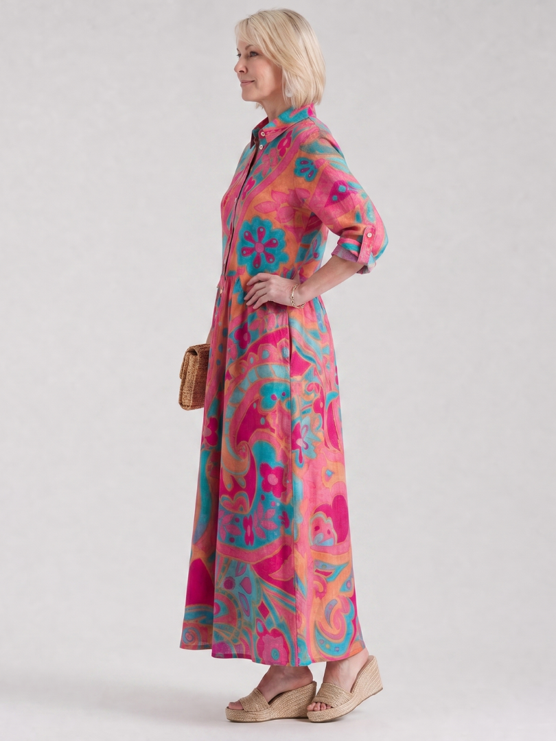 Abito midi stampato da donna con colletto e bottoni - Elegante e facile da indossare