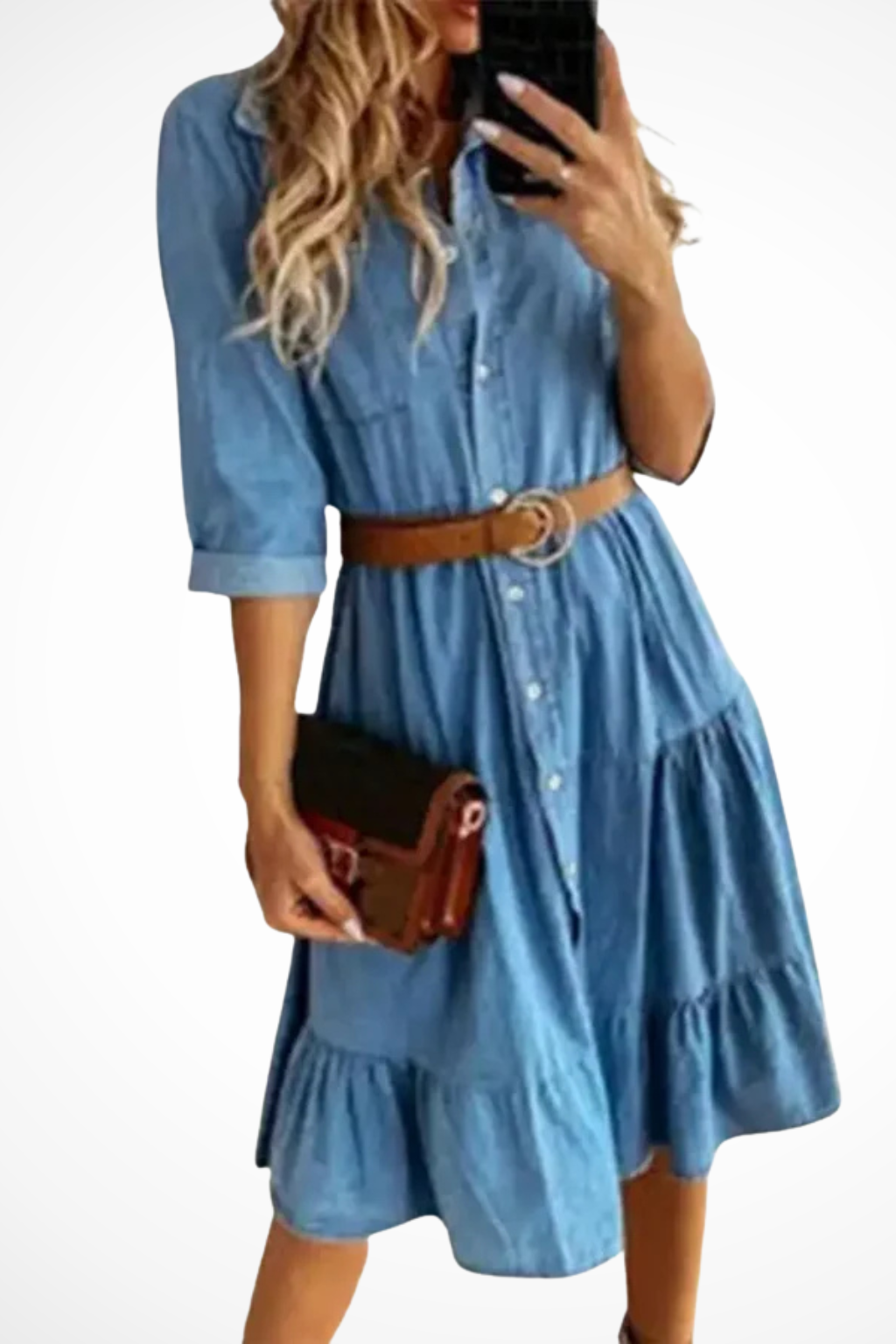 Abito chemisier midi da donna in denim a balze – con cintura, stile casual chic per tutti i giorni