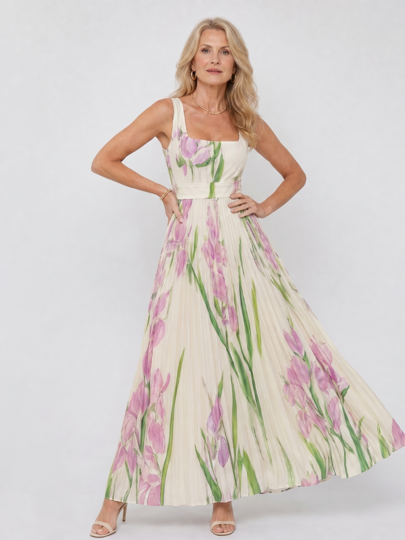 Abito midi plissettato da donna senza maniche con scollo quadrato - Elegante ed estivo